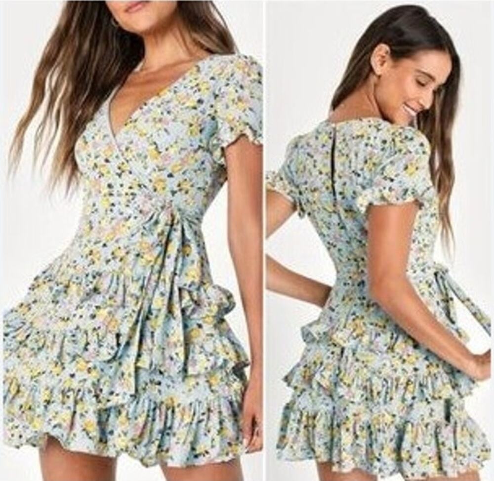 Lulus Feeling Butterflies Light Blue Floral Tiered Ruffle Mini Dress Size XS